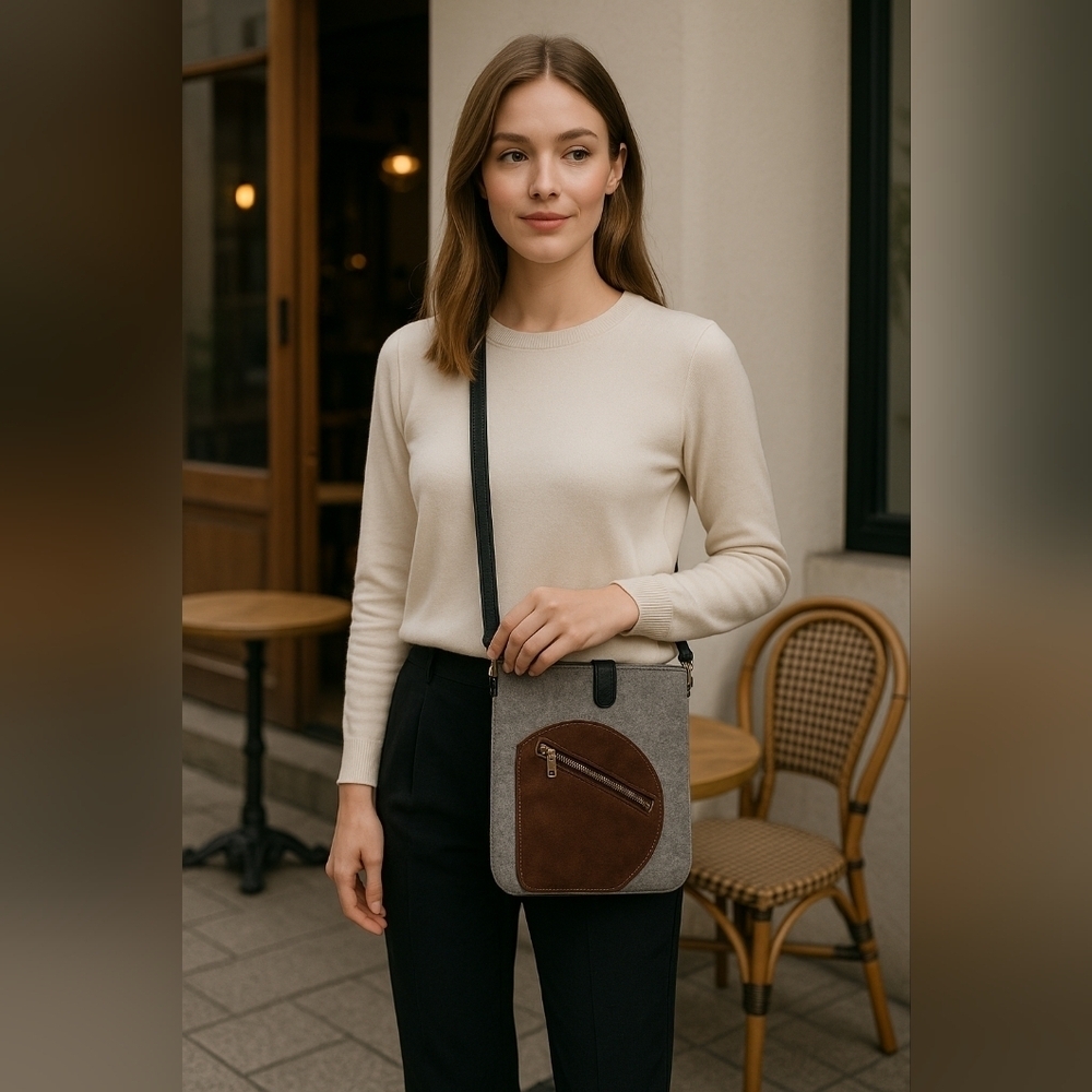 Rimanchik Crossbody Bag Boiled Wool Leather Gray Brown Montreal EUC